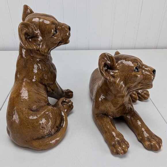 Vintage Lion Cubs Ceramic Figurines Set of 2 Brown Kathy 1981 Home Decor - Picture 2 of 14
